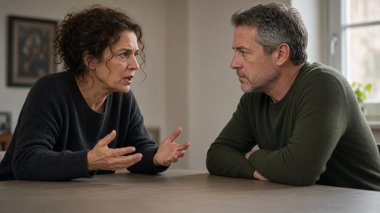 Two people in a direct conversation across a table