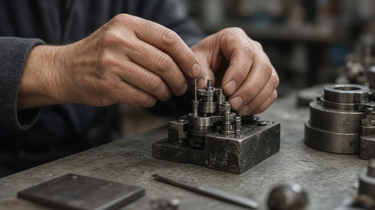 Hands carefully assembling a precision part