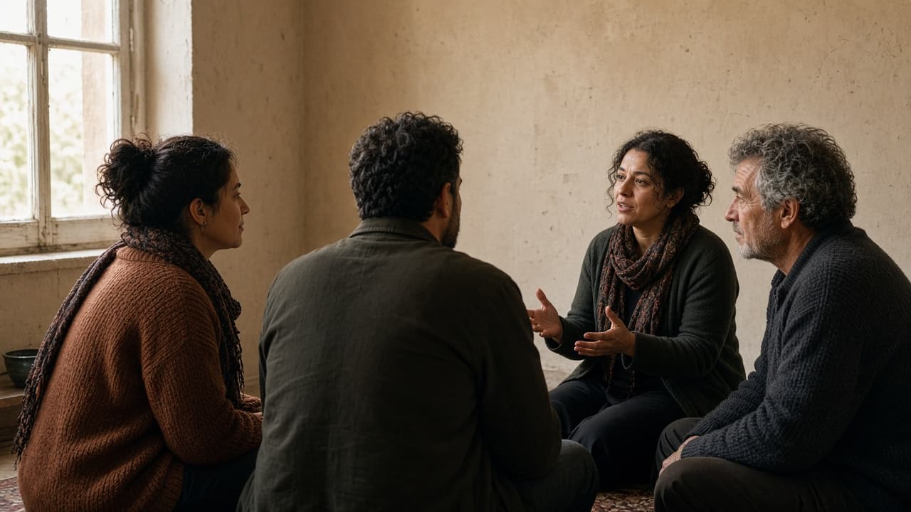 People in careful conversation by a window