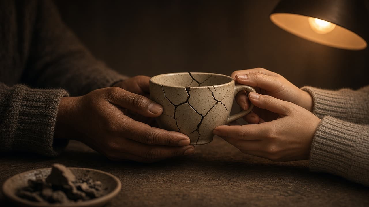 Hands holding a cracked cup together