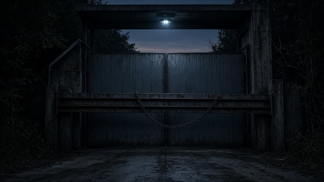 Closed industrial gate at dusk