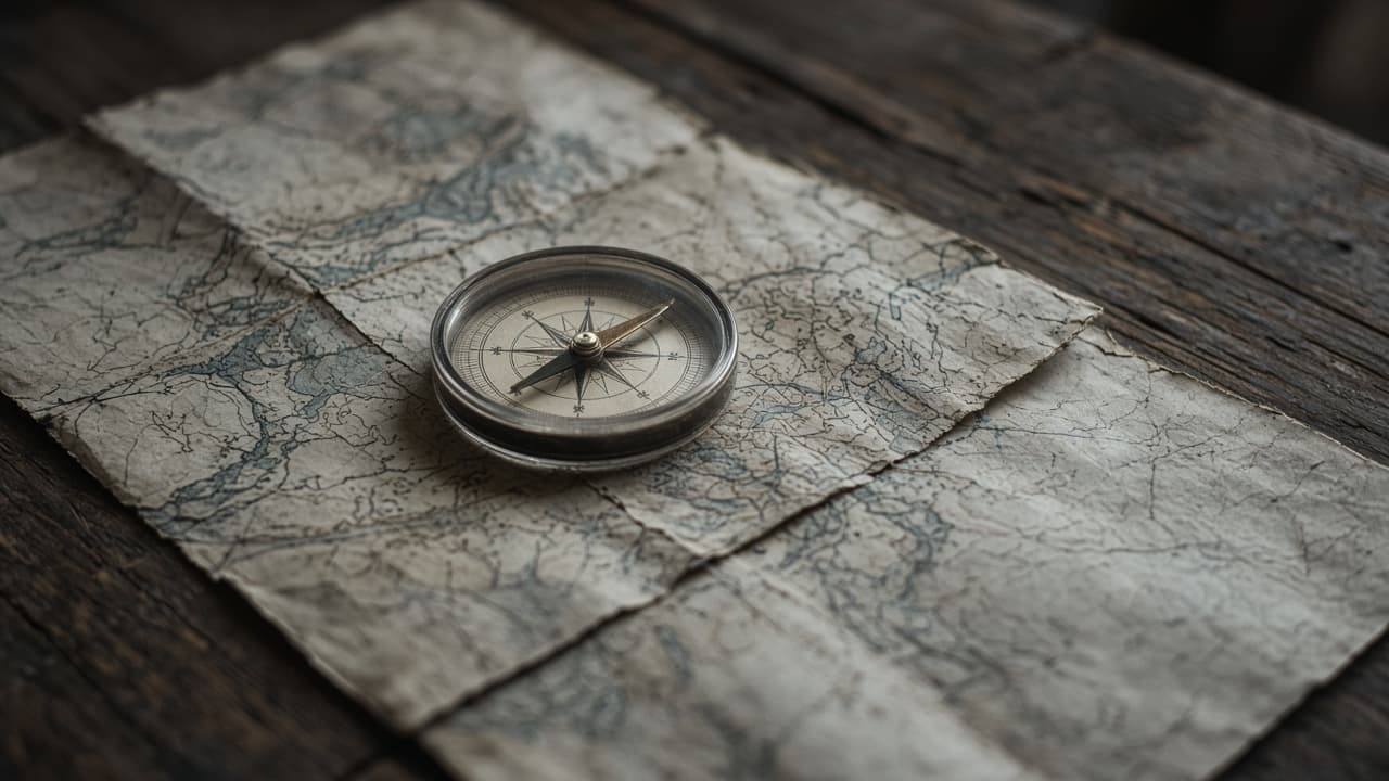 Compass resting on weathered maps